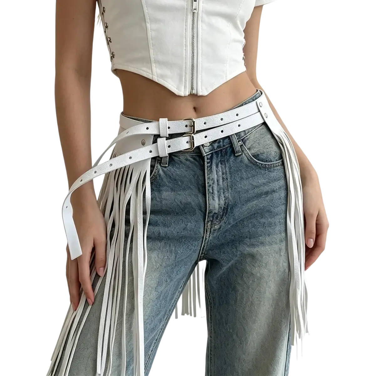 White leather gothic wide elastic corset belt with double buckles and long fringe tassels displayed on front side