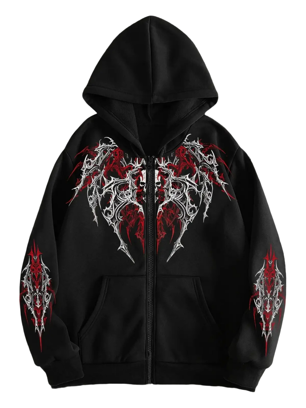 Black zip up hoodie with intricate red and white gothic wing designs imported from mainland china