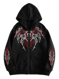 Black zip up hoodie with intricate red and white gothic wing designs imported from mainland china