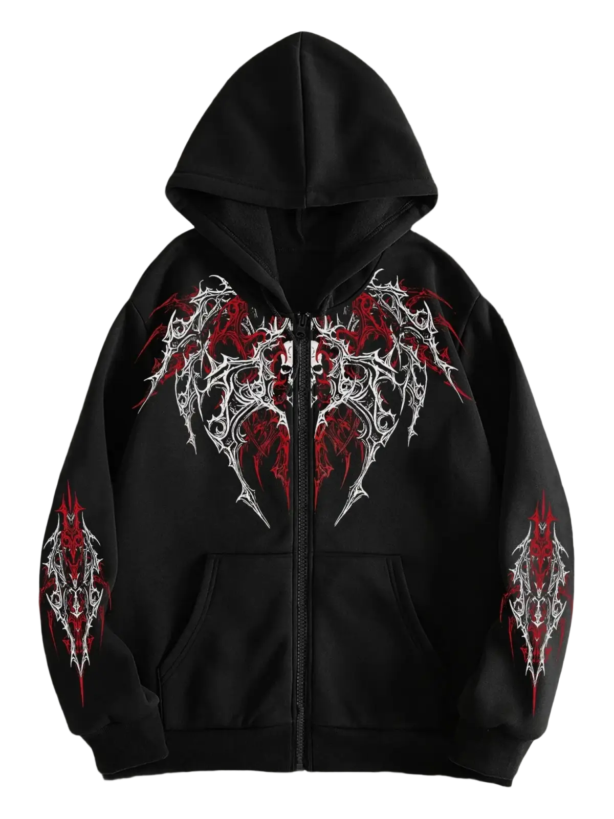 Black zip up hoodie with intricate red and white gothic wing designs imported from mainland china