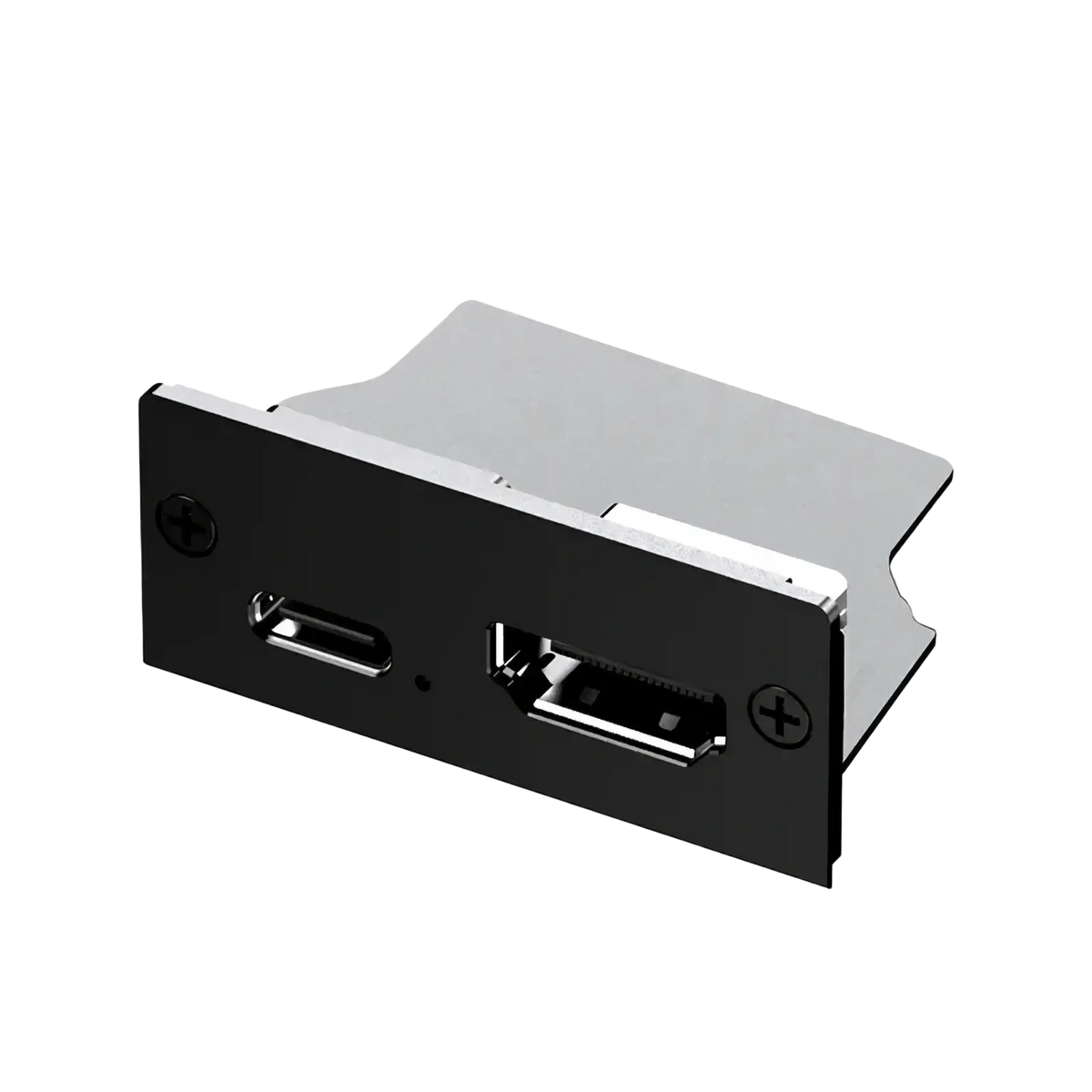 Black and silver usb port panel with type-a and type-c ports on the back of gpd pocket 4 modular expansion accessories