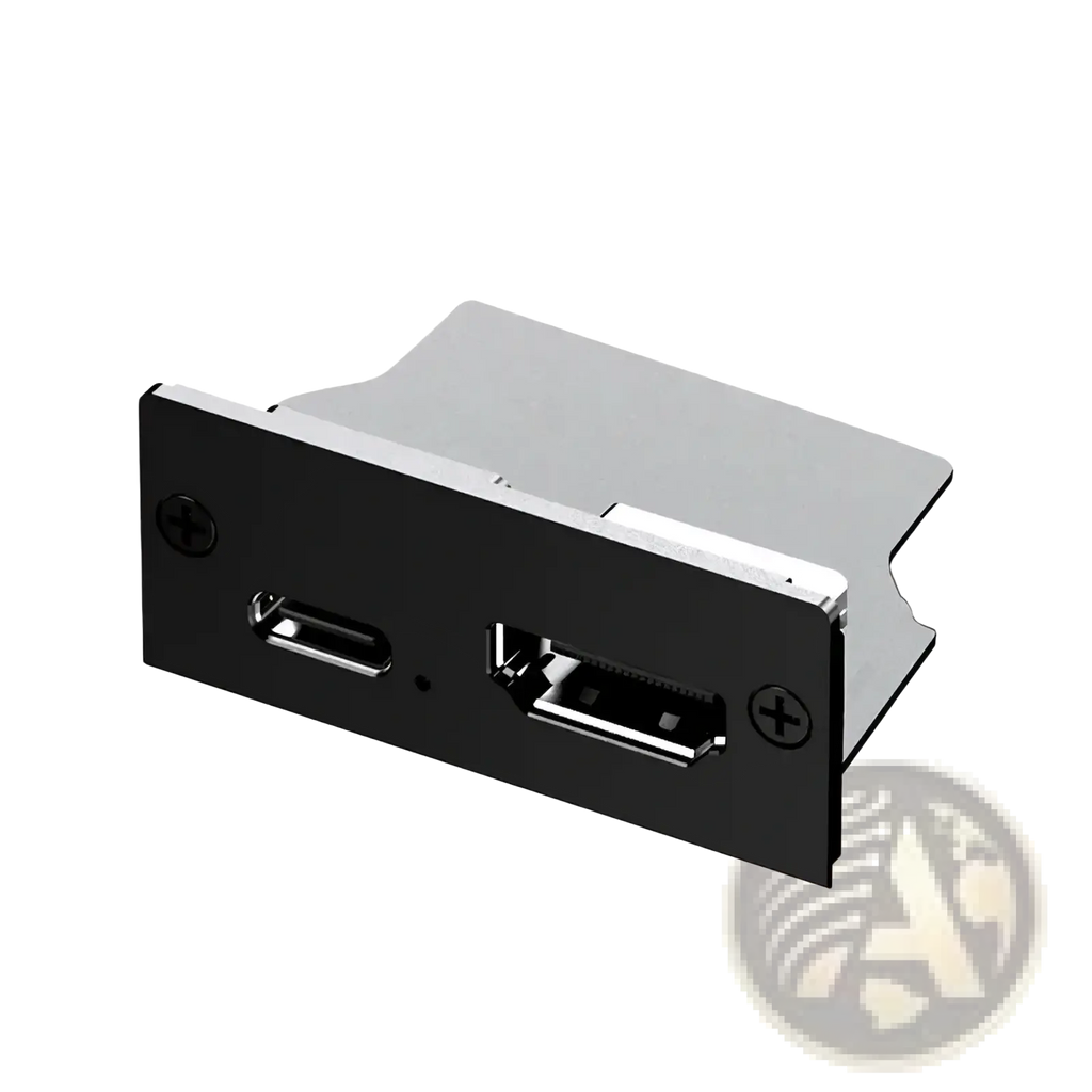 Black and silver usb port panel with type-a and type-c ports on the back of gpd pocket 4 modular expansion accessories