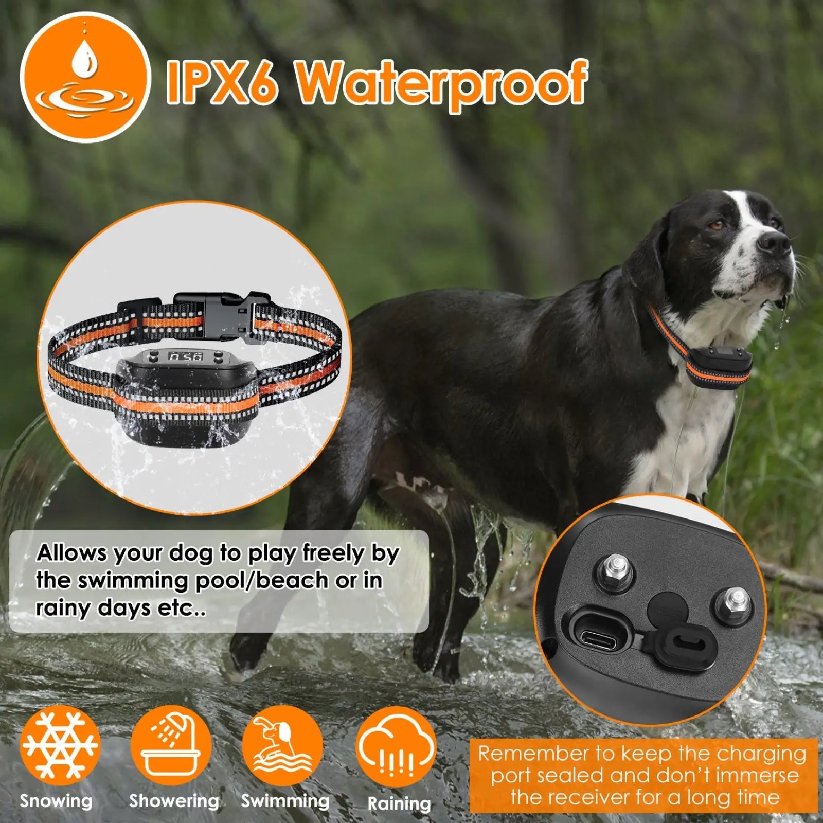 Black and orange waterproof dog collar with sleek durable design for gps wireless dog fence and tracker system