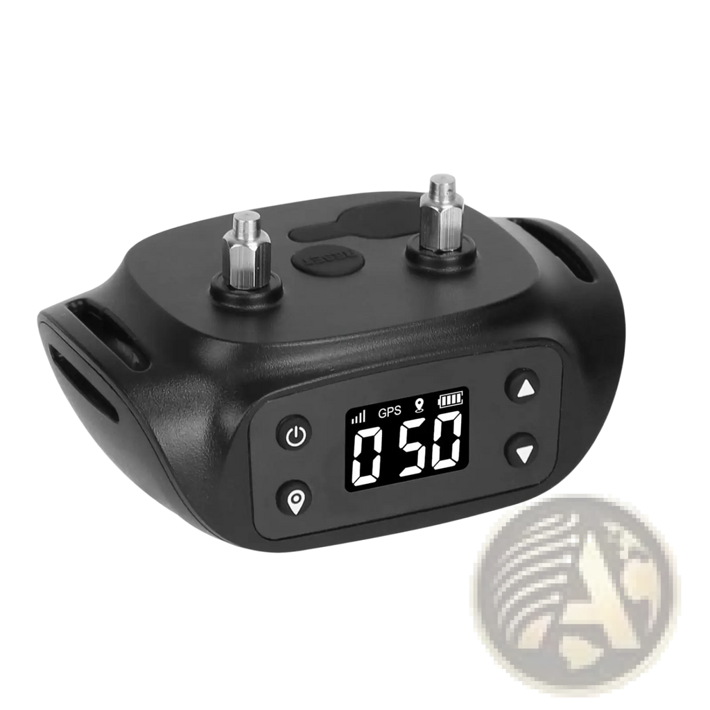 Black waterproof gps wireless dog fence and tracker collar with small screen showing signal location and battery icons