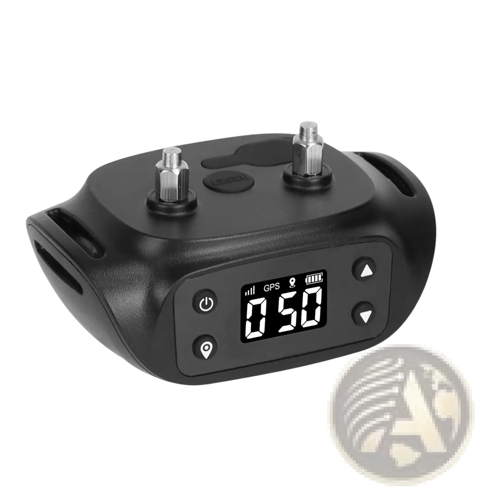 Black waterproof gps wireless dog fence and tracker collar with small screen showing signal location and battery icons