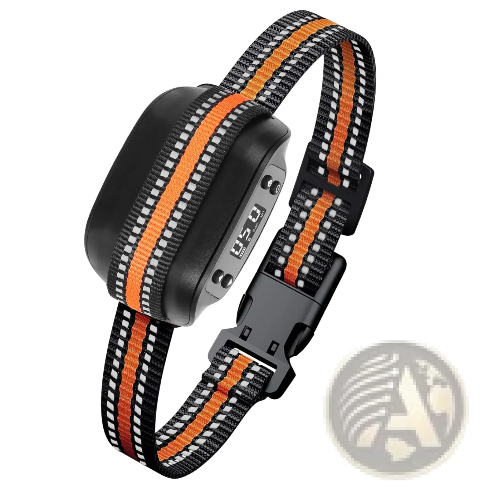 Black and orange striped gps wireless dog fence collar with digital display and buckle for tracking and containment