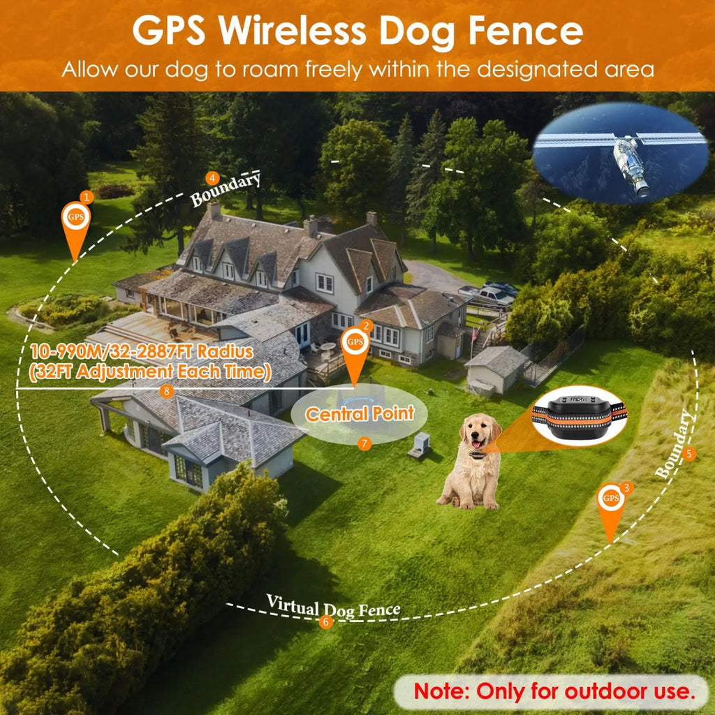 Black and orange gps wireless dog fence and tracker collar with digital display and waterproof design