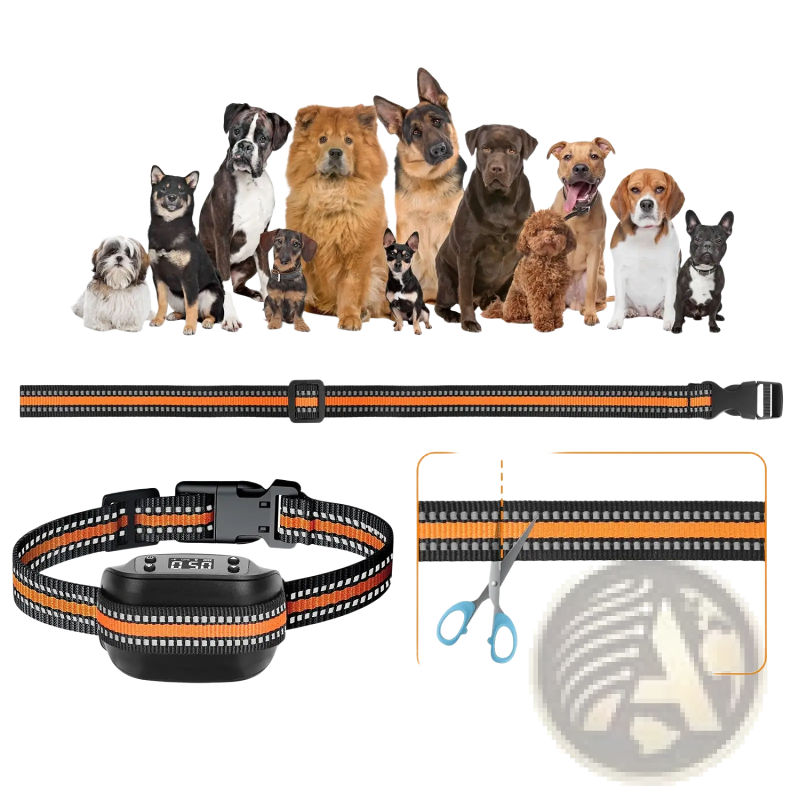 Black and orange reflective waterproof dog collar with adjustable buckle and built-in electronic training module for GPS fence and tracker