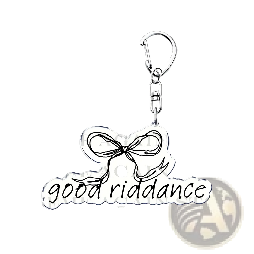 Silver acrylic keychain with delicate bow design and good riddance engraving for gracie abrams anime fans