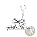 Silver acrylic keychain with delicate bow design and good riddance engraving for gracie abrams anime fans