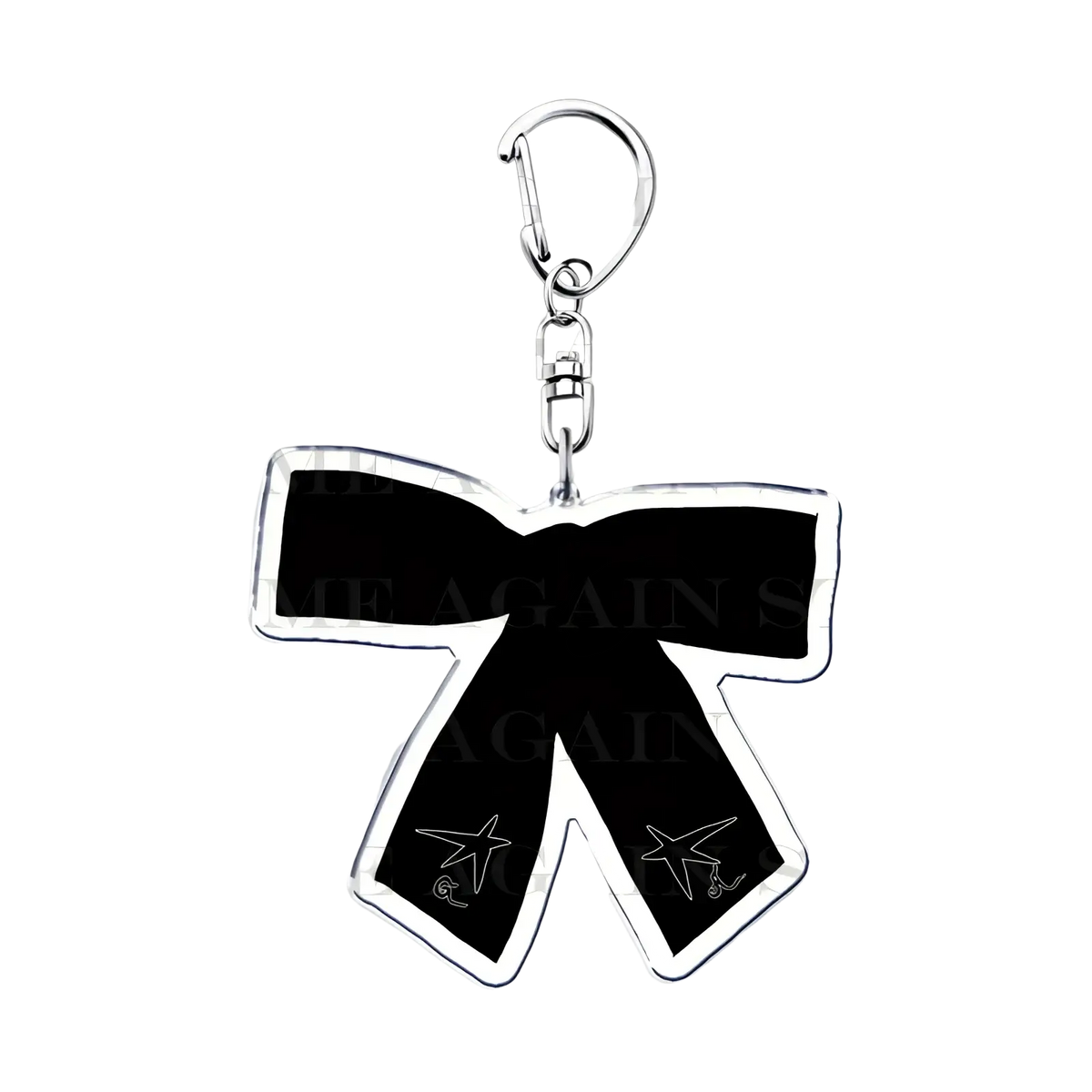 Black acrylic bow-shaped Gracie Abrams keychain with silver metallic outline and star details perfect for anime fans