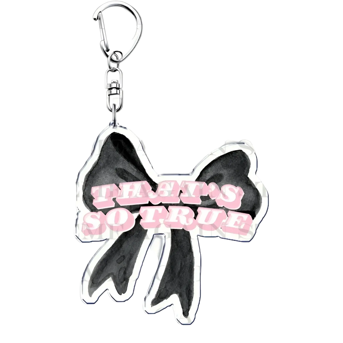 Black and pink acrylic bow-shaped keychain with playful thats so true text gracie abrams anime fan gift
