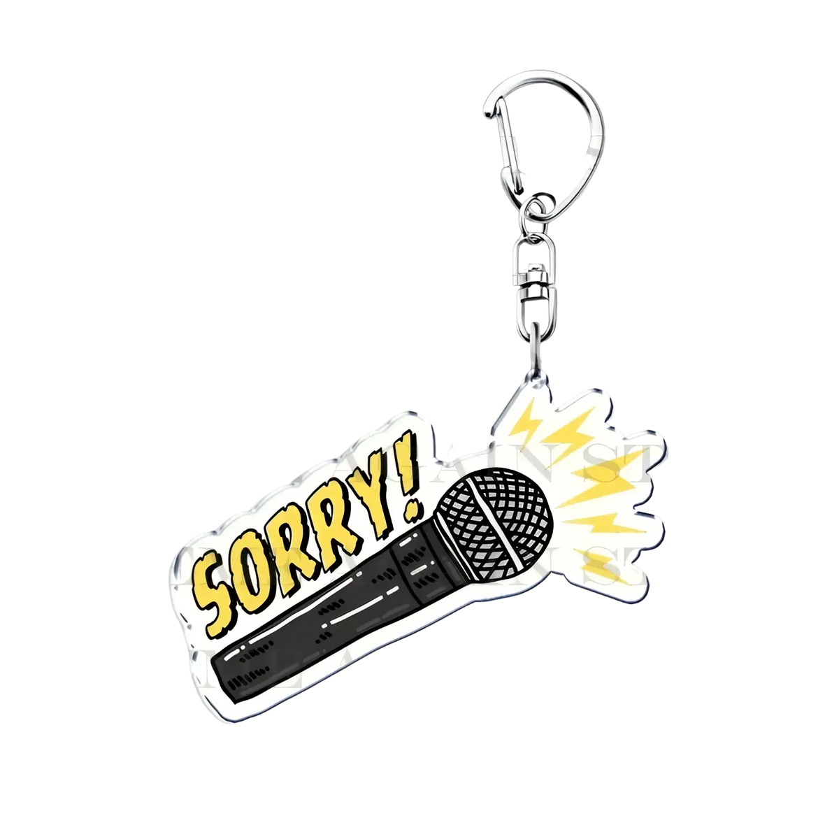 Gracie Abrams acrylic keychain featuring a black and yellow microphone design with a sorry graphic and silver clip
