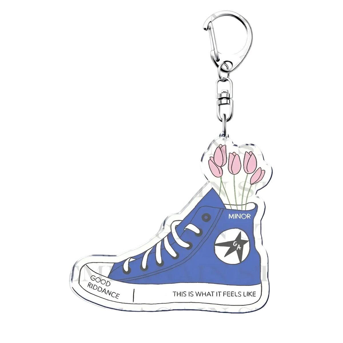 Blue acrylic high-top sneaker keychain with white laces pink tulips and minor text for gracie abrams anime fans