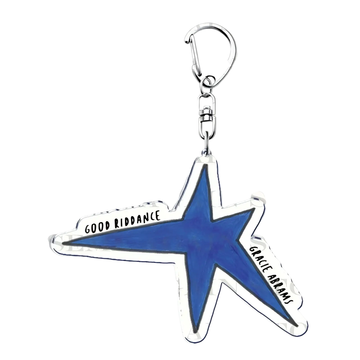 Blue star-shaped acrylic keychain with white outline and black text good riddance and gracie abrams anime fan gift