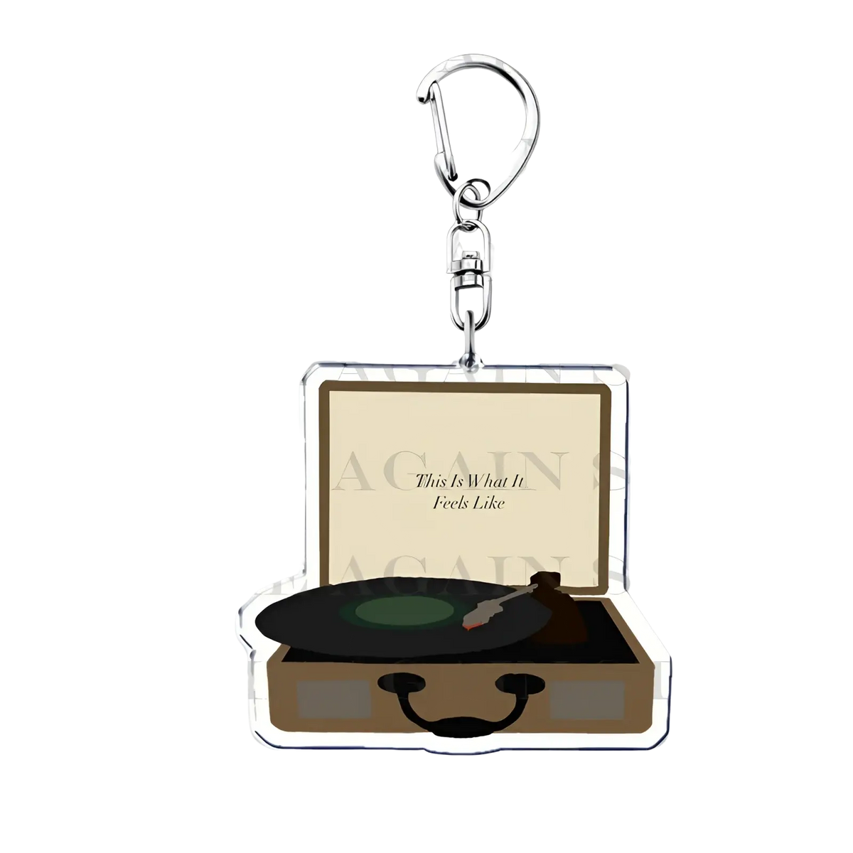 Acrylic Gracie Abrams keychain featuring a miniature vintage record player with black vinyl and brown case anime fan gift