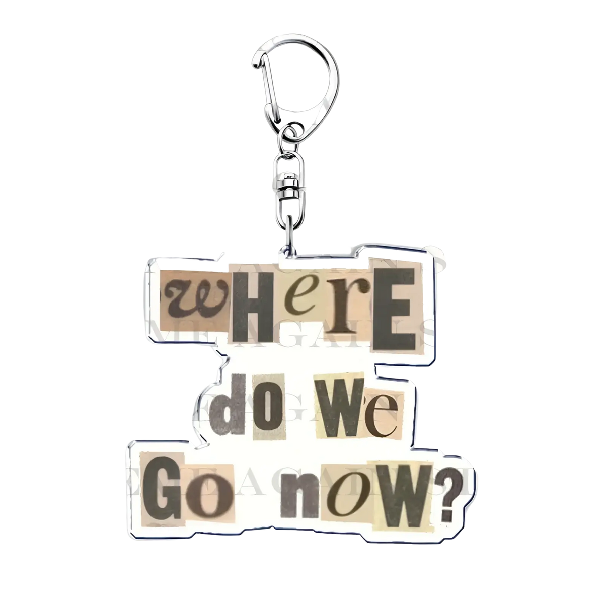 Clear acrylic Gracie Abrams keychain with silver metal clasp featuring layered brown beige where do we go now lettering
