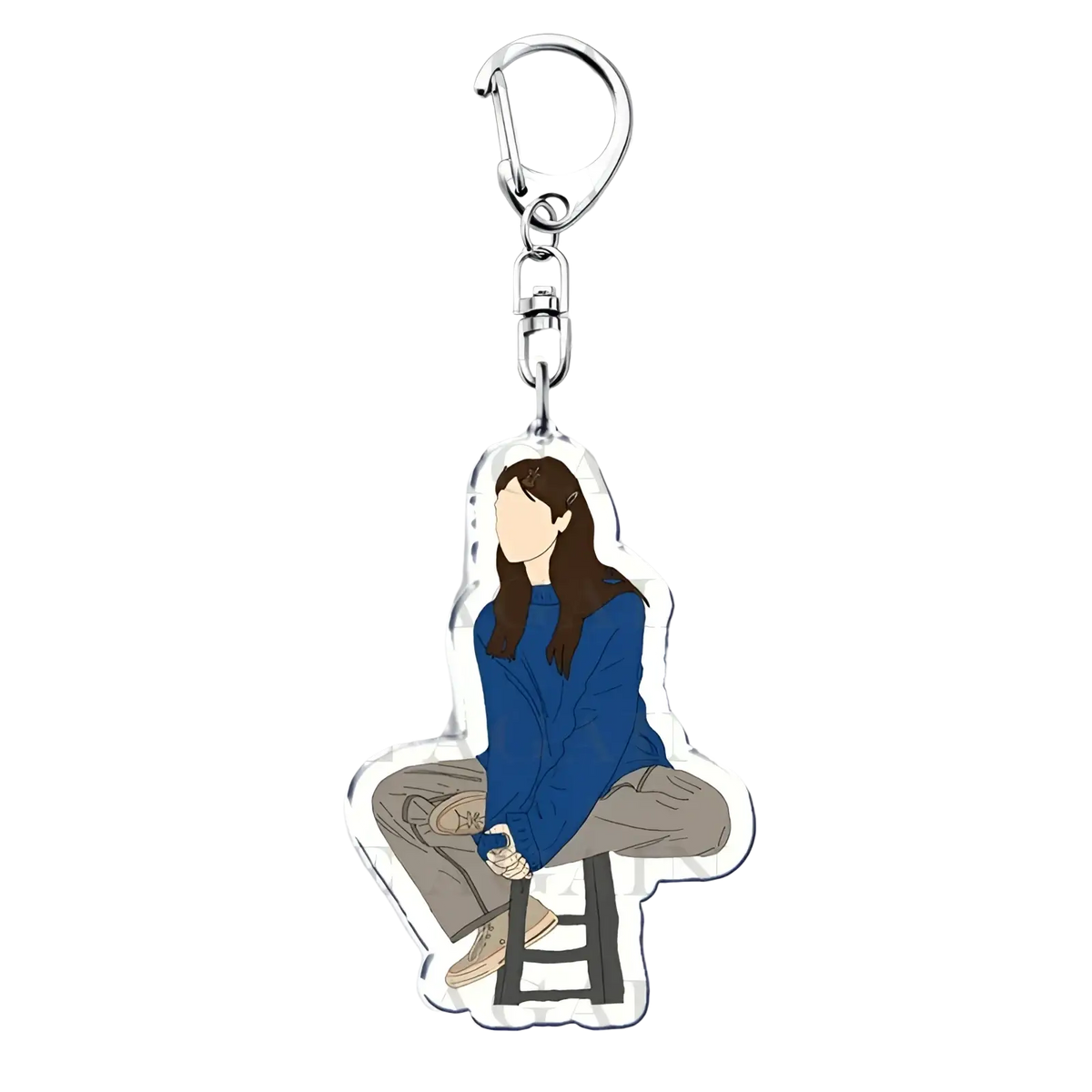 Clear acrylic keychain featuring illustrated figure in blue sweater and beige pants sitting on stool for anime fans