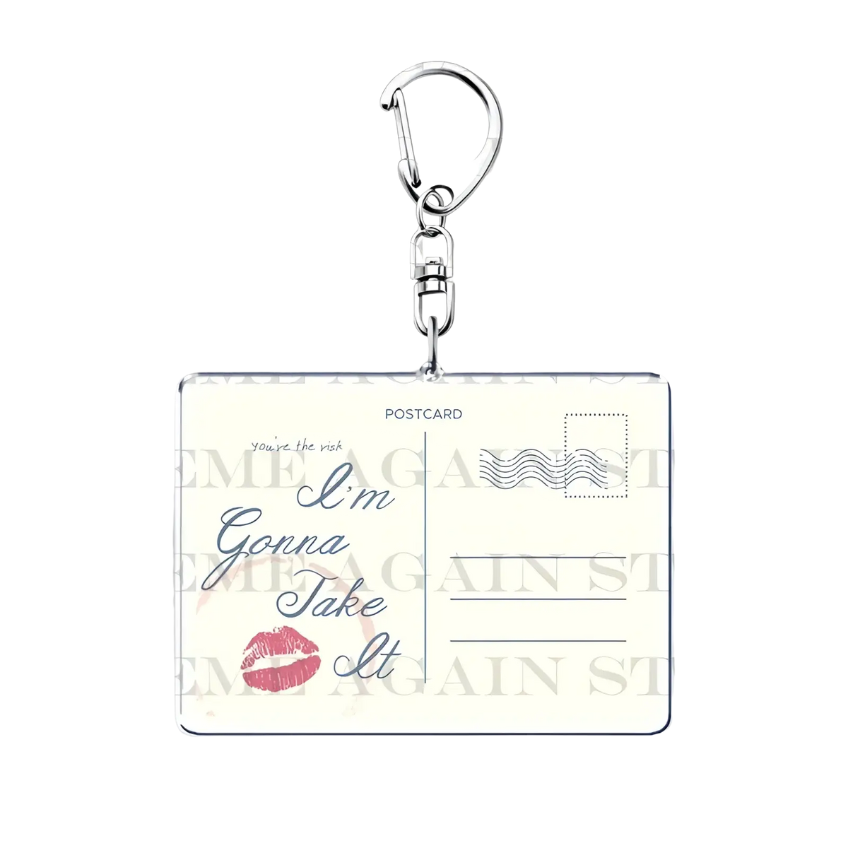 Clear acrylic Gracie Abrams keychain with silver clasp featuring cursive text im gonna take it and red lipstick mark