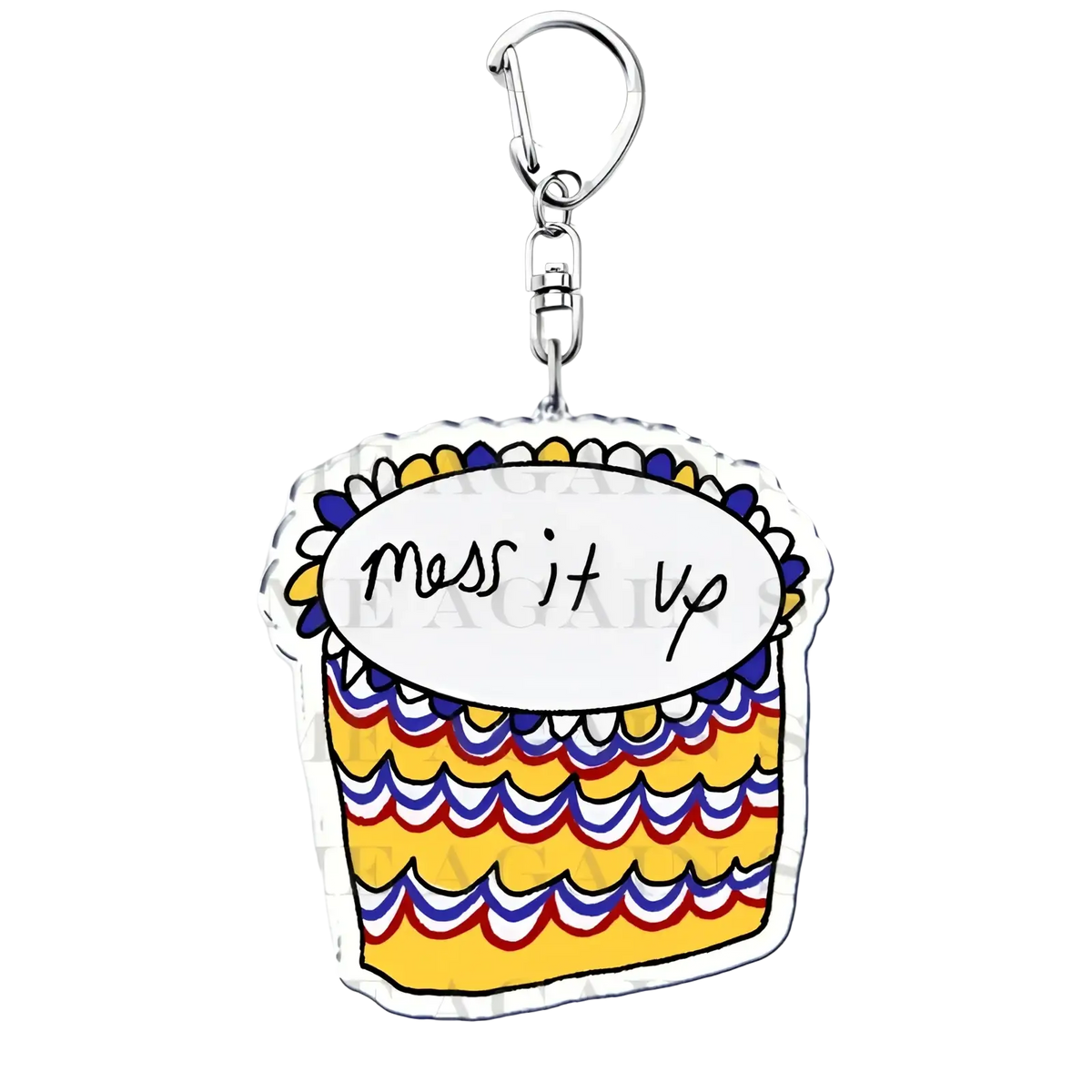 Acrylic keychain shaped like a colorful cupcake with yellow red and blue stripes and mess it up text for anime fans