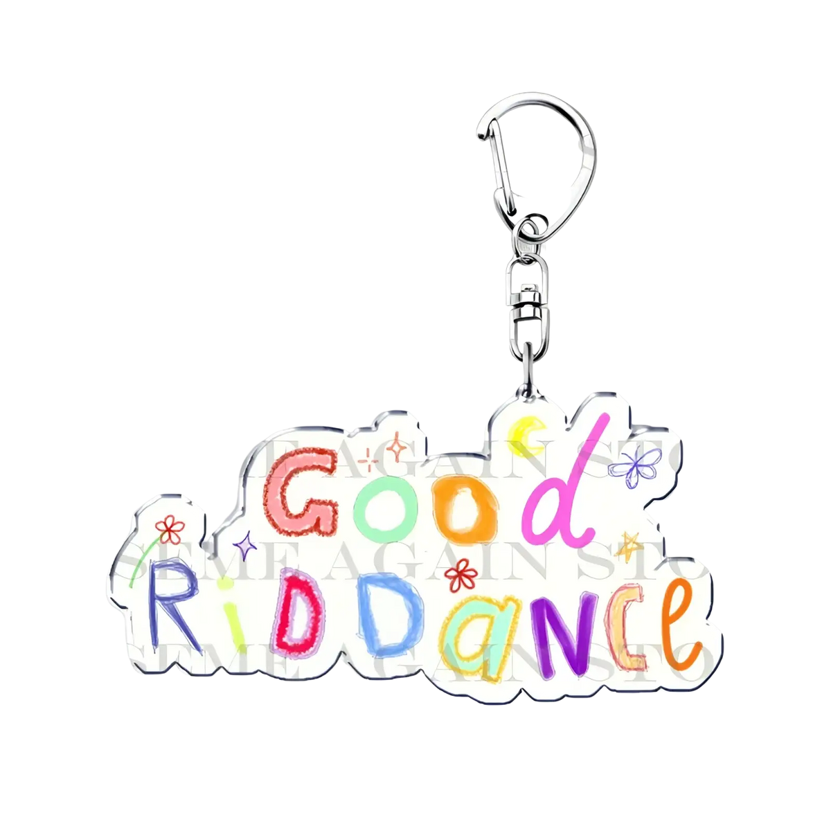 A rainbow-painted acrylic keychain with good riddance text and decorative stars and flowers anime fan gift