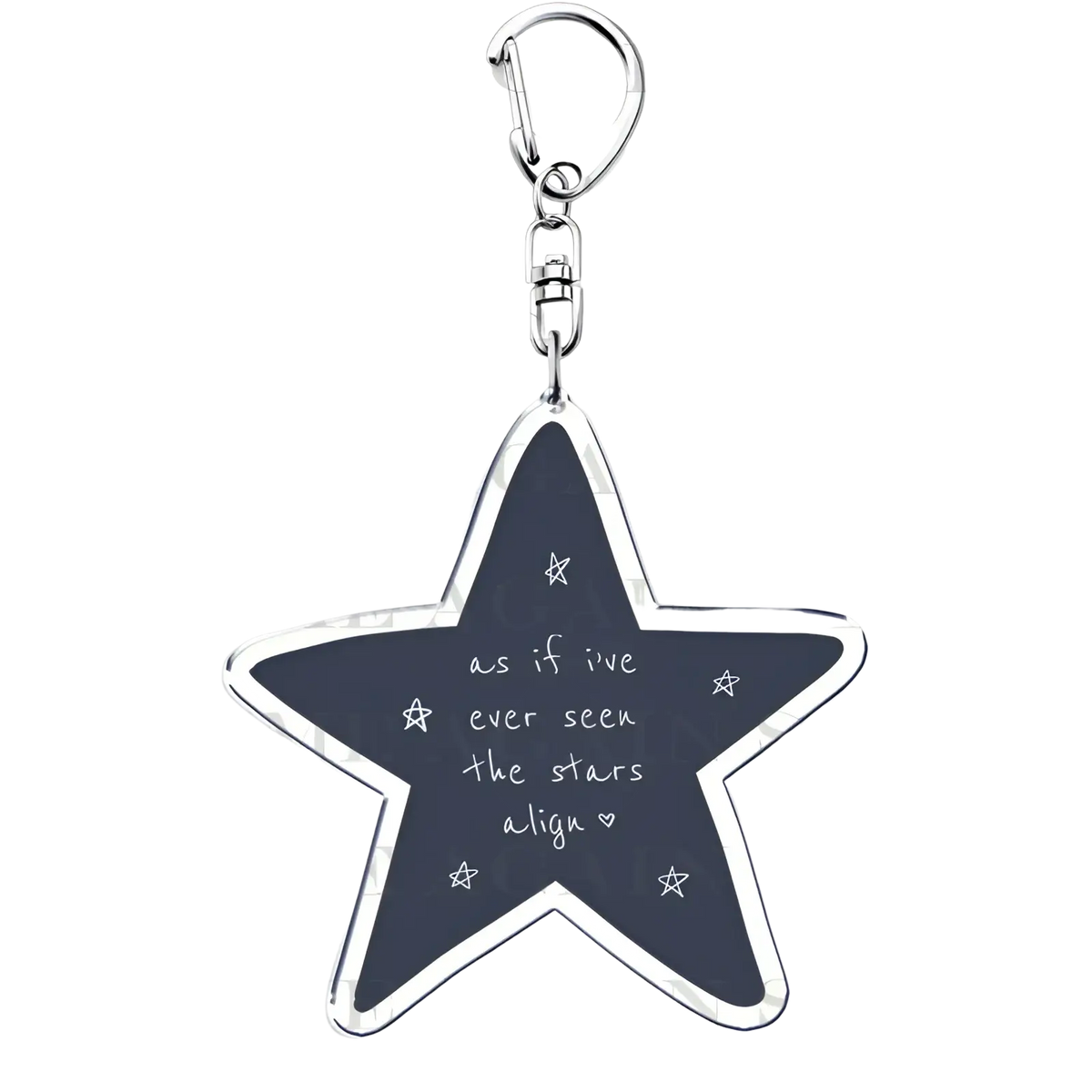 A dark gray acrylic star-shaped Gracie Abrams keychain with silver clip featuring handwritten text and white stars