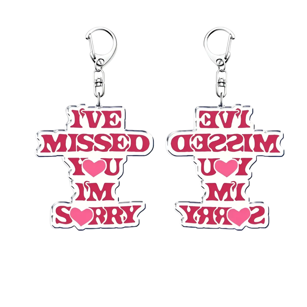 Pink acrylic Gracie Abrams keychain with white outline and silver clip featuring bold ive missed you im sorry text