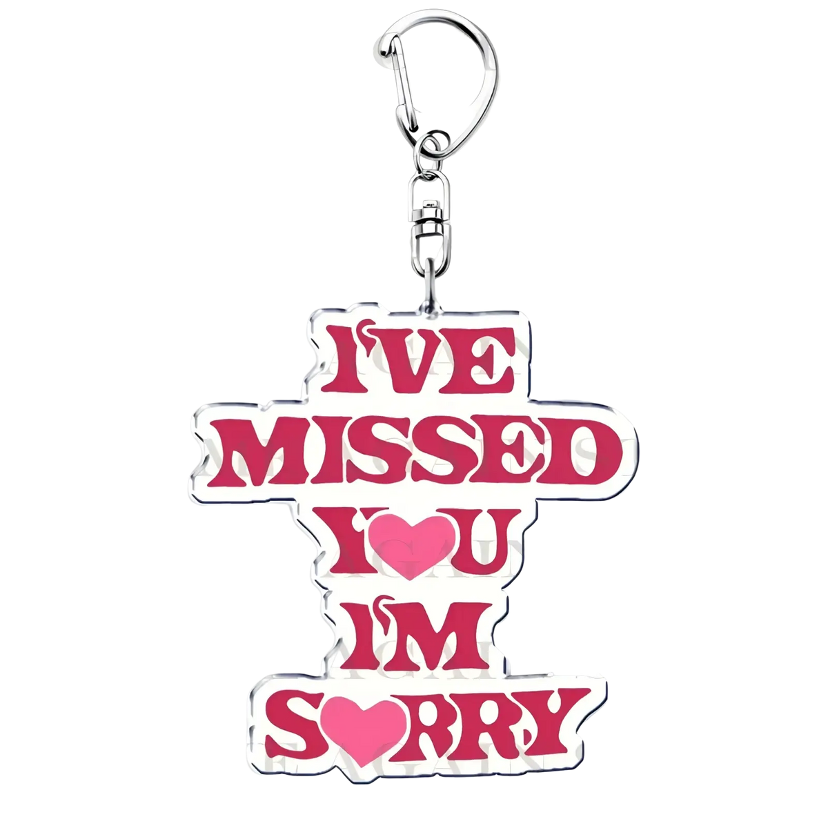 Pink acrylic keychain by gracie abrams featuring bold ive missed you im sorry lettering with heart symbol fan gift