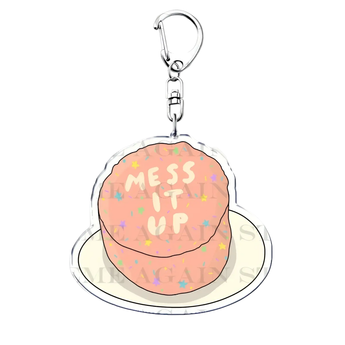 Pink cake themed acrylic keychain with mess it up text and colorful star sprinkles gracie abrams anime fan gift