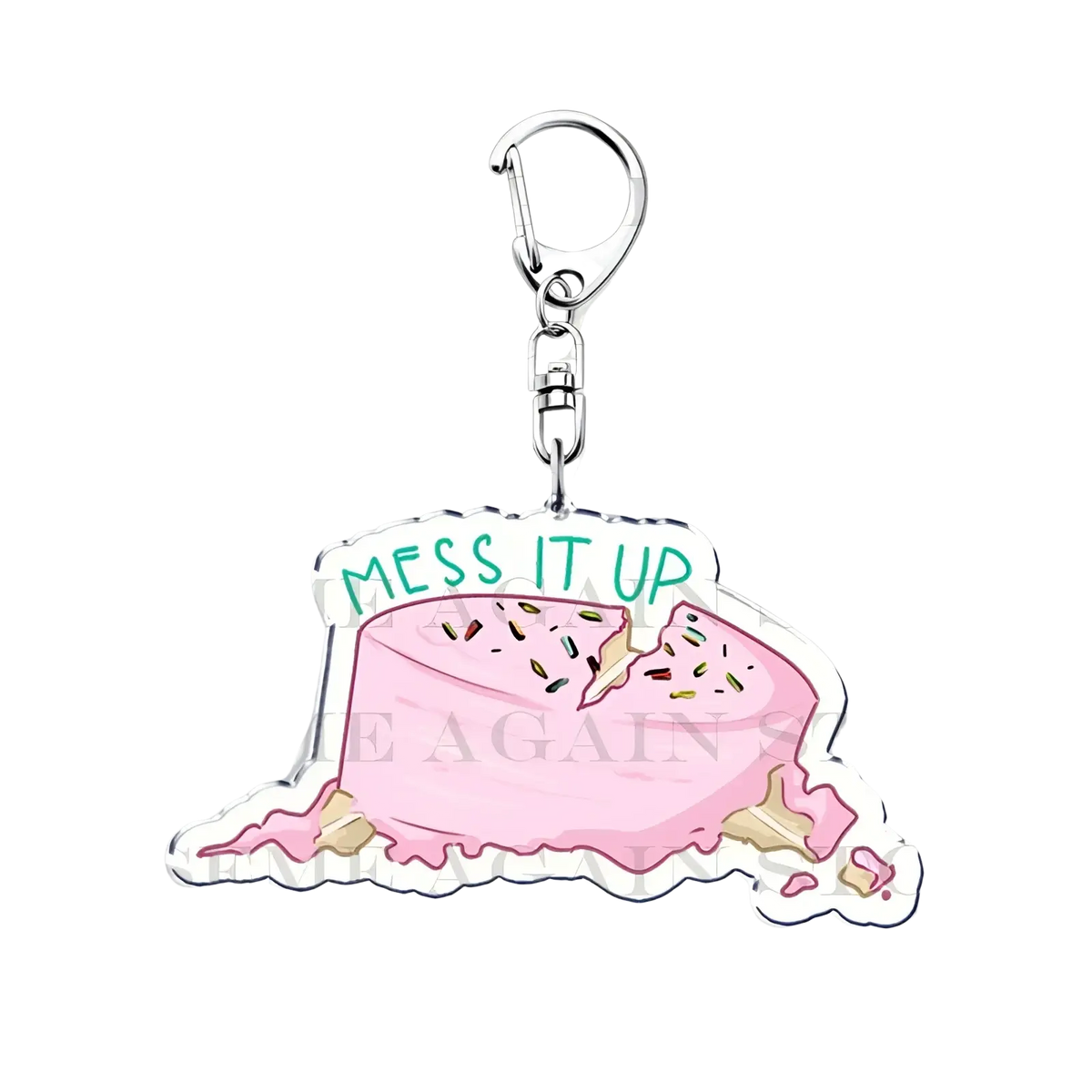 Pink frosted cake-shaped acrylic keychain with colorful sprinkles and green mess it up text from gracie abrams fan gift