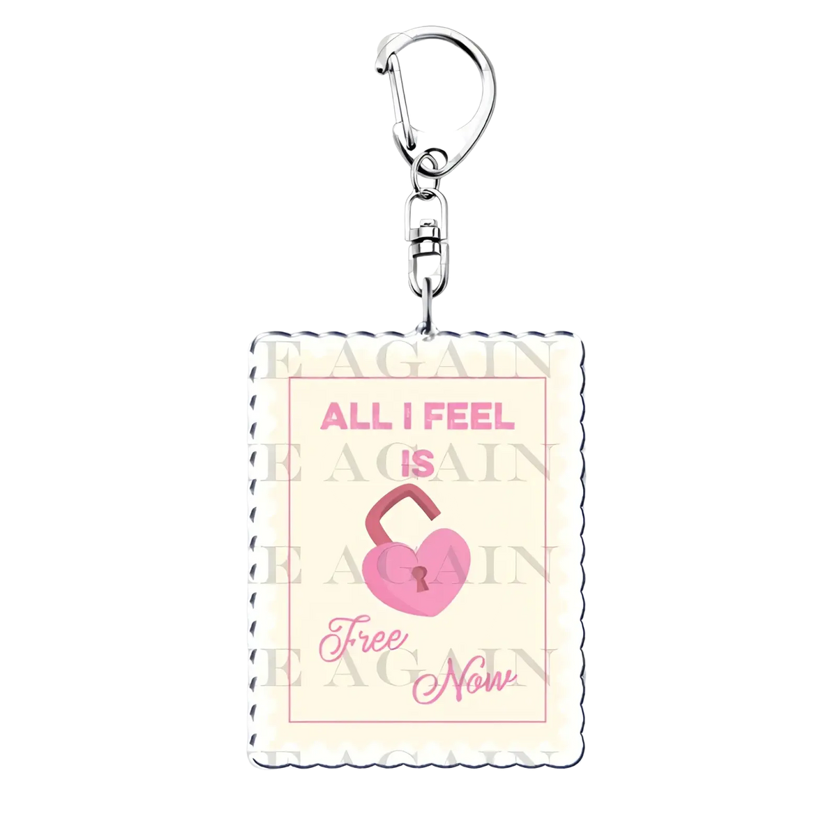 Gracie Abrams acrylic keychain with pink heart lock design and free now text on cream background with silver clip