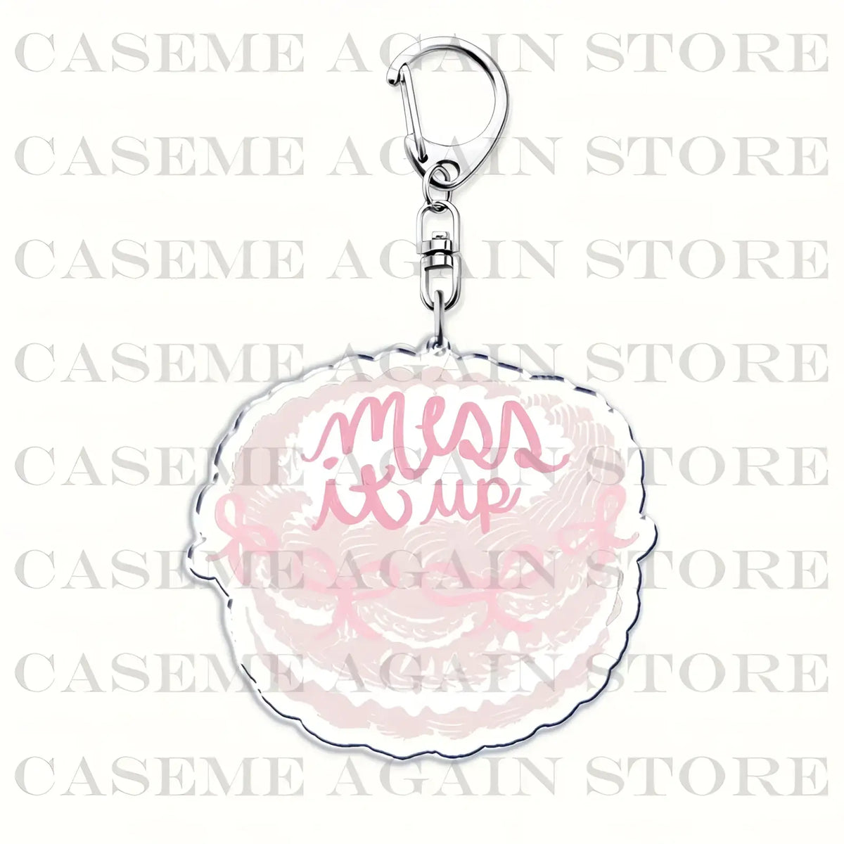 Pink and white scalloped edge acrylic keychain with mess it up cursive script for gracie abrams anime fans