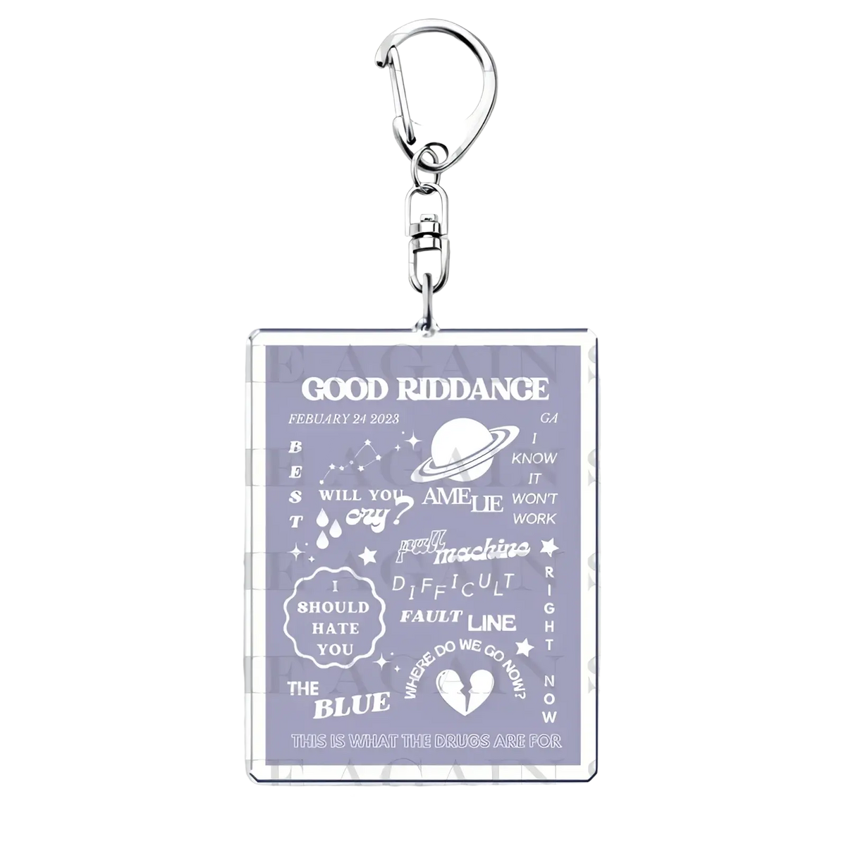A rectangular purple acrylic Gracie Abrams keychain with a silver clasp featuring white good riddance time of your life text