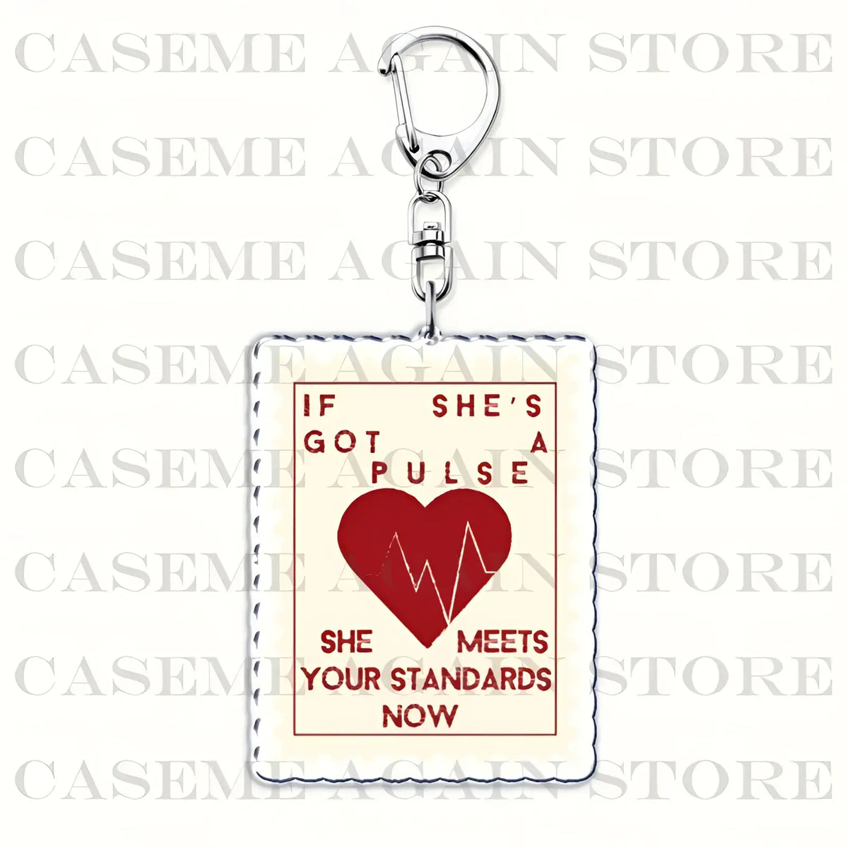 A rectangular acrylic keychain with silver metal clasp featuring off-white background and gracie abrams quote design