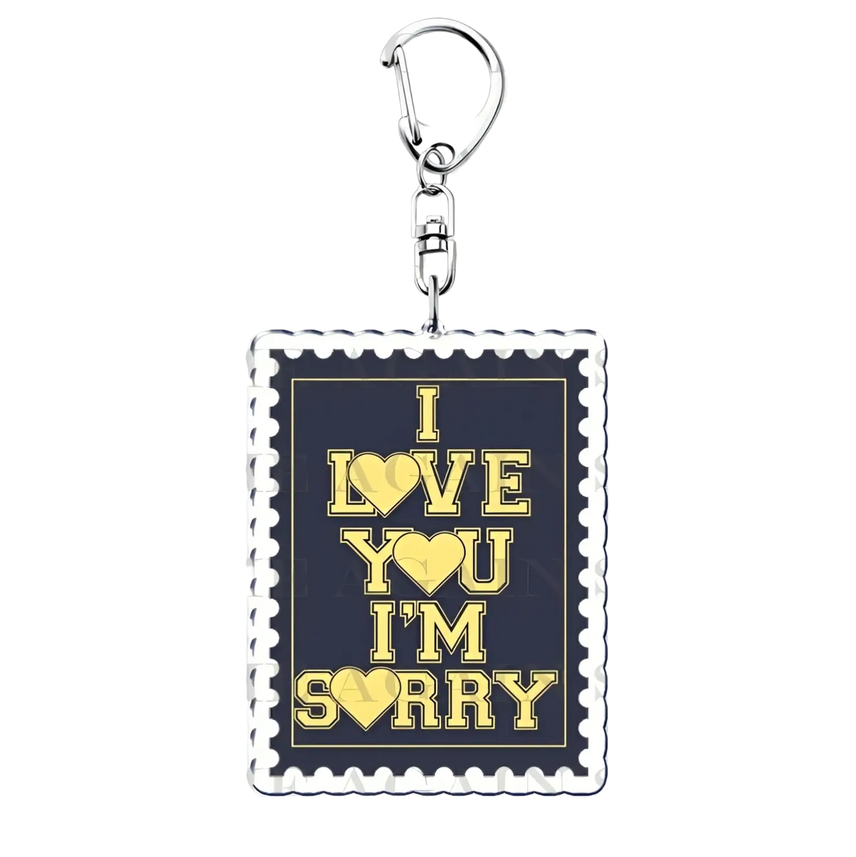 Agracie abrams acrylic keychain with a navy blue stamp design gold lettering and a silver metal clasp and chain