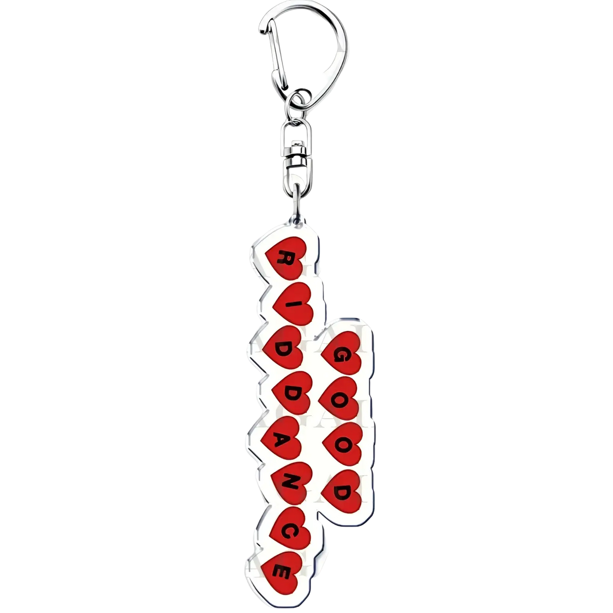 Red heart-shaped acrylic keychain with riddance and good lettering attached to silver clasp for gracie abrams anime fans