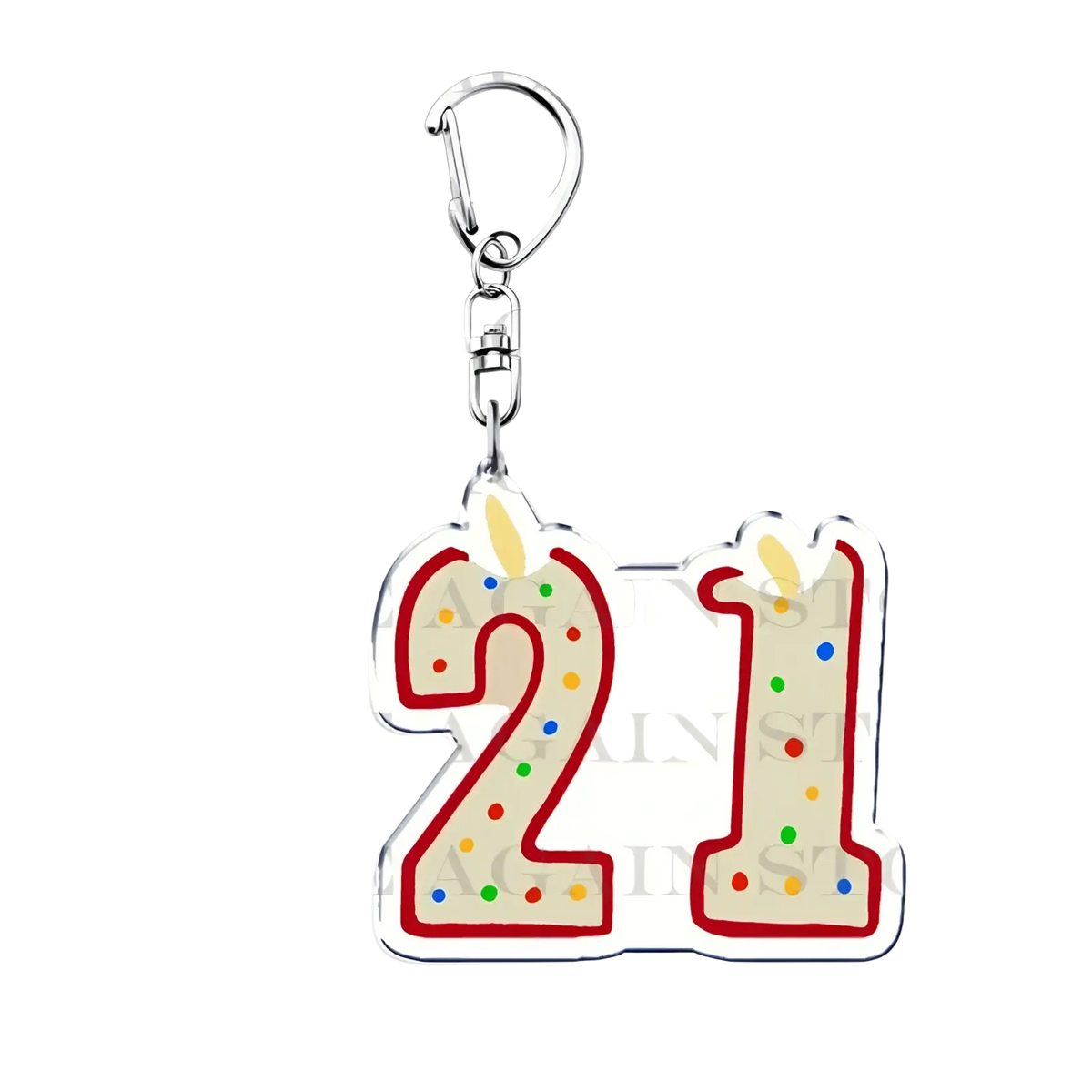 Acrylic Gracie Abrams keychain with a shiny silver ring and colorful candy-cane striped 21 design for anime fans