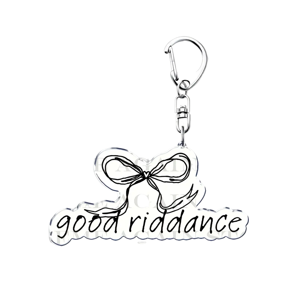 Silver acrylic keychain with delicate bow design and good riddance engraving for gracie abrams anime fans