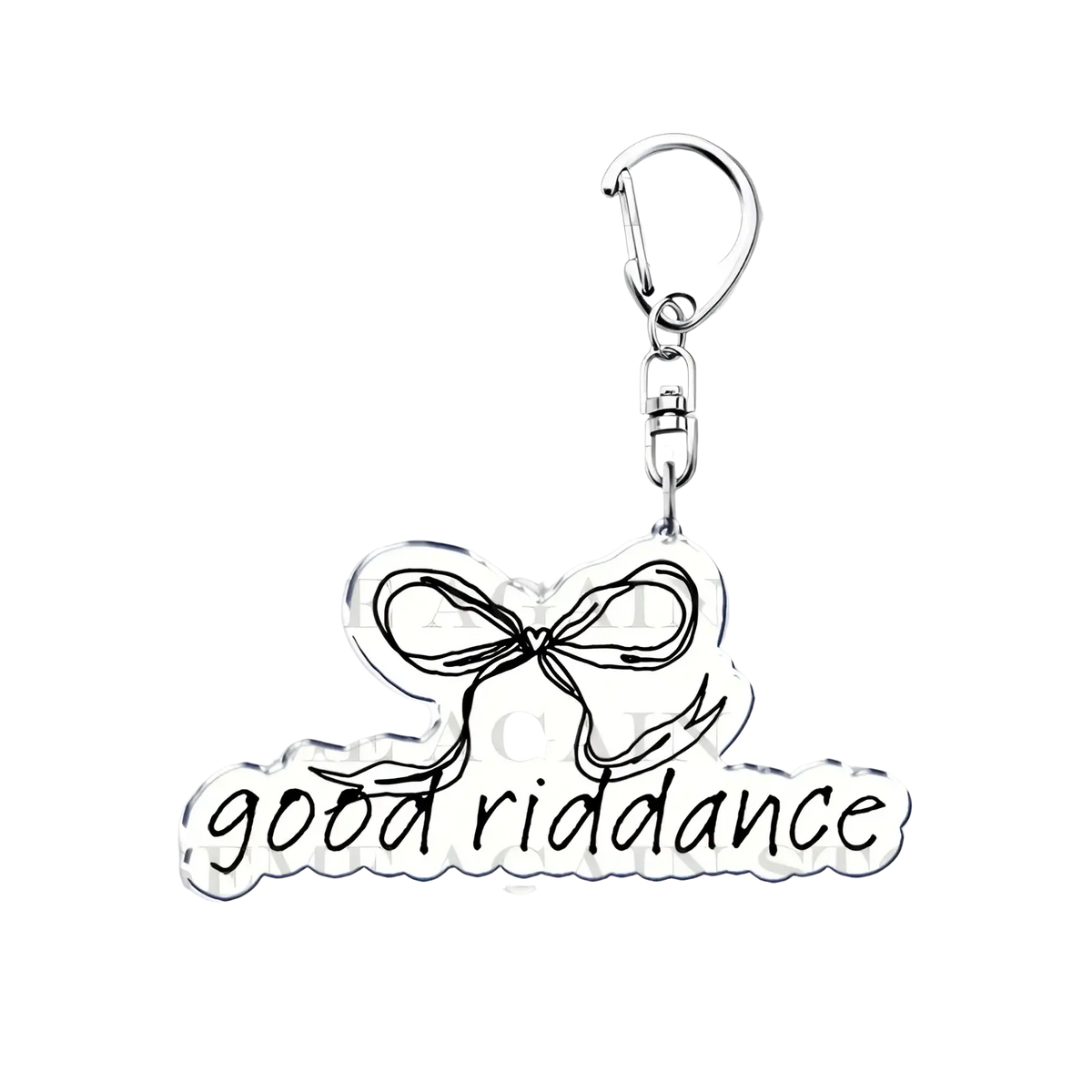 Silver acrylic keychain with delicate bow design and good riddance engraving for gracie abrams anime fans