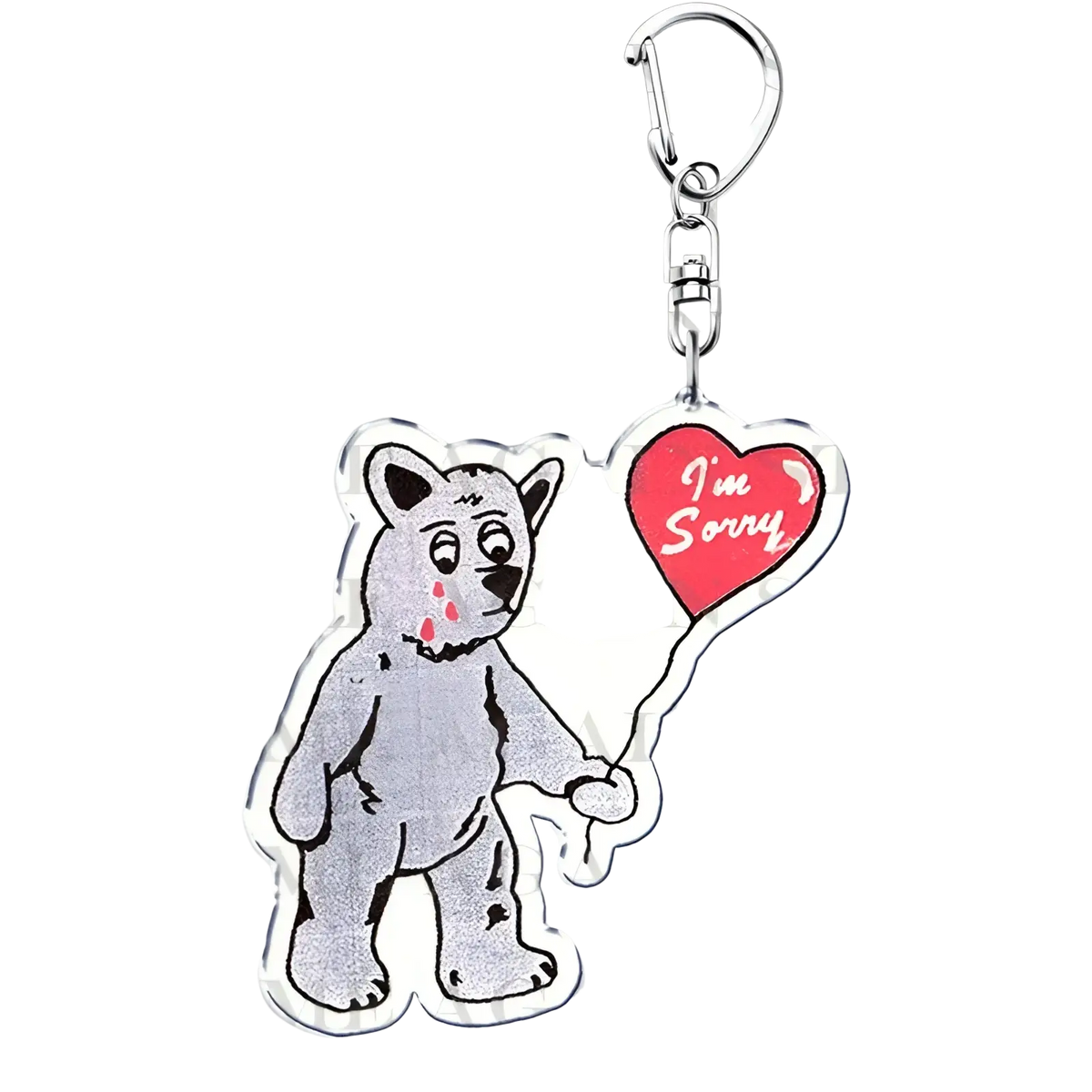 Silver acrylic keychain featuring a cartoon bear with red tears holding a heart balloon reading im sorry gracie abrams fan gift