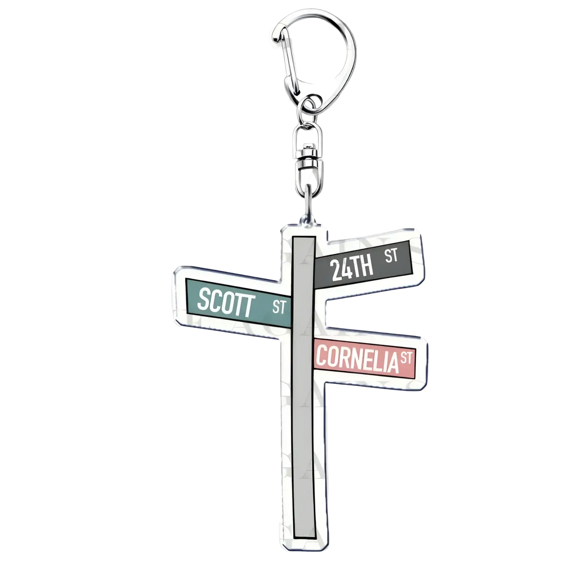 Silver-colored metal Gracie Abrams acrylic keychain shaped like street sign intersection with scott st green plaque, 24th st black, cornelia st pink
