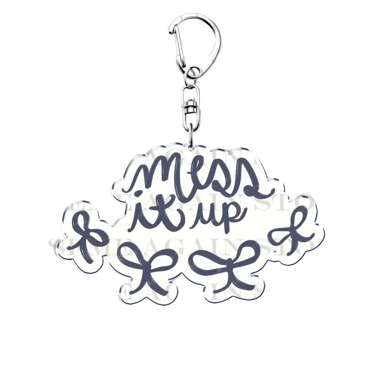 Silver metallic acrylic keychain with cloud-shaped charm featuring mess it up in dark blue cursive for anime fans