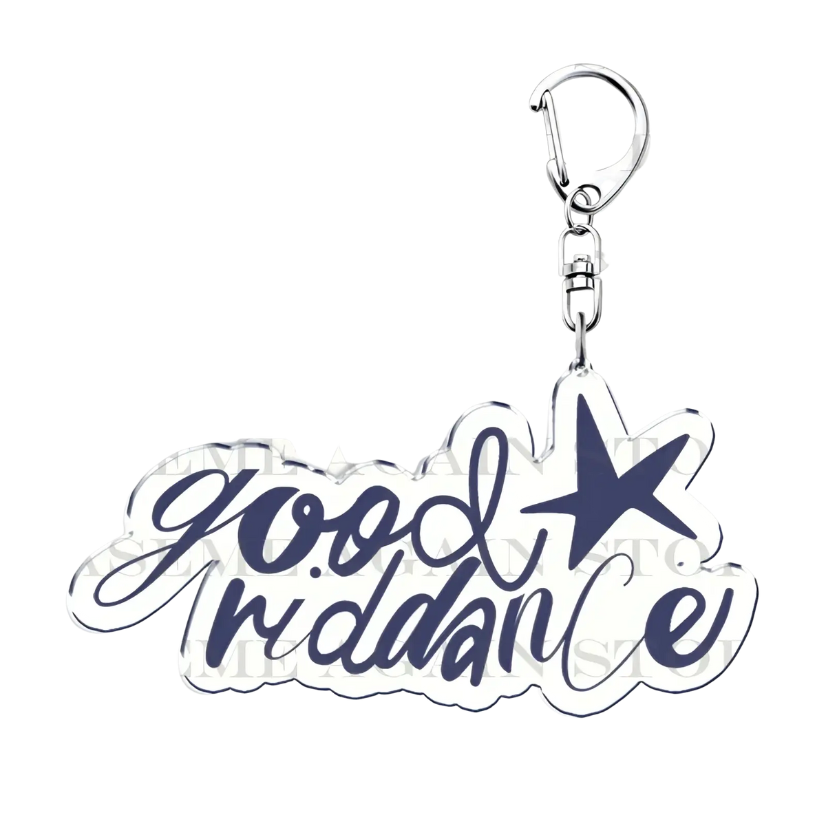 A silver-toned Gracie Abrams acrylic keychain with a transparent charm featuring navy blue good riddance script and star accent