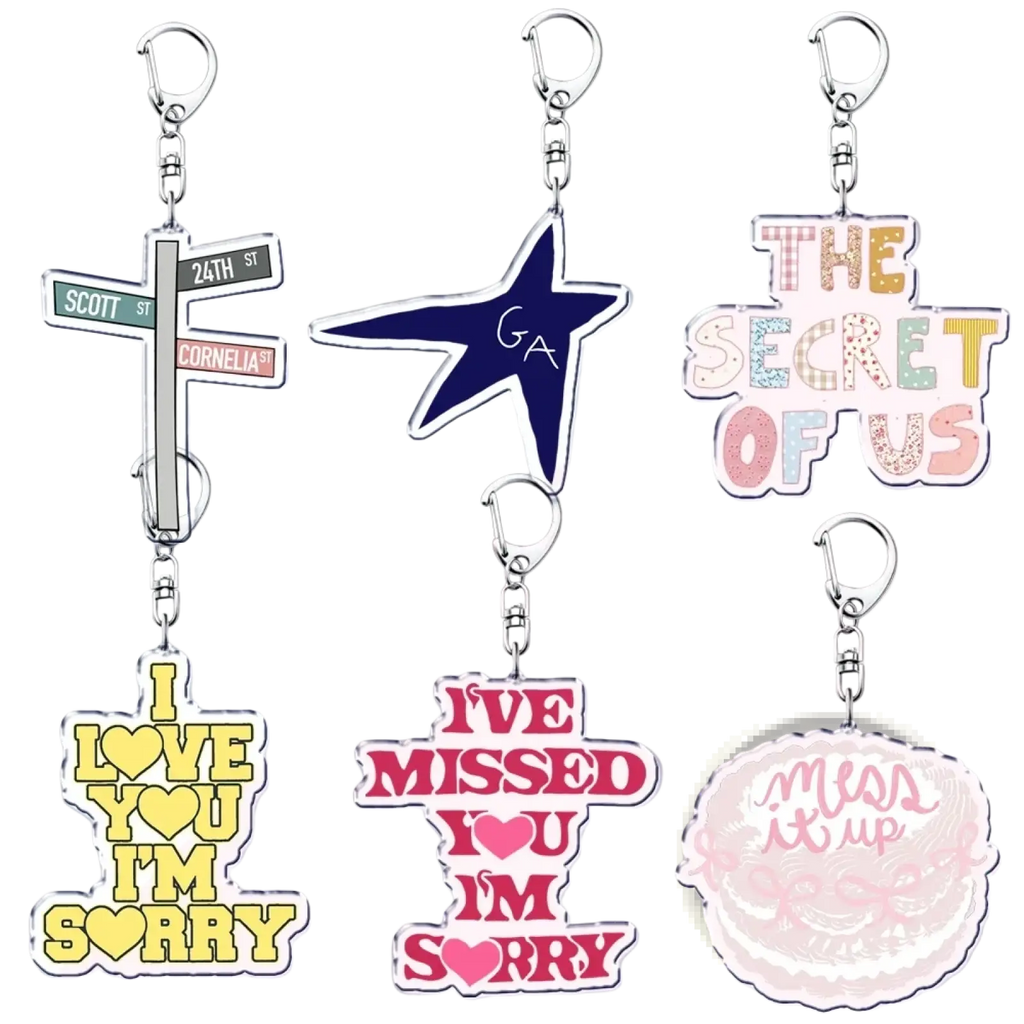 Six colorful acrylic keychains with metallic clasps featuring street signs stars and phrases for gracie abrams anime fans