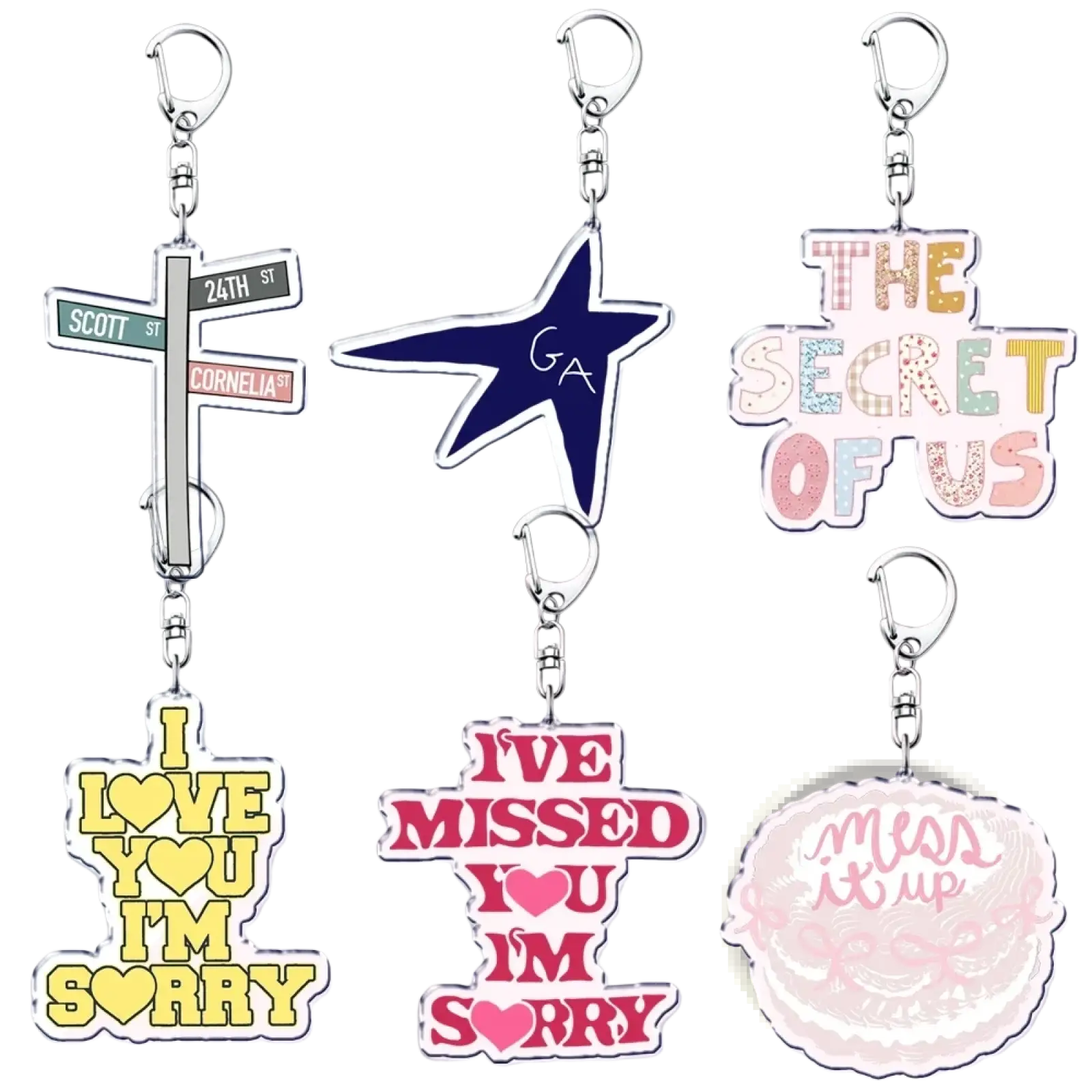 Six colorful acrylic keychains with metallic clasps featuring street signs stars and phrases for gracie abrams anime fans