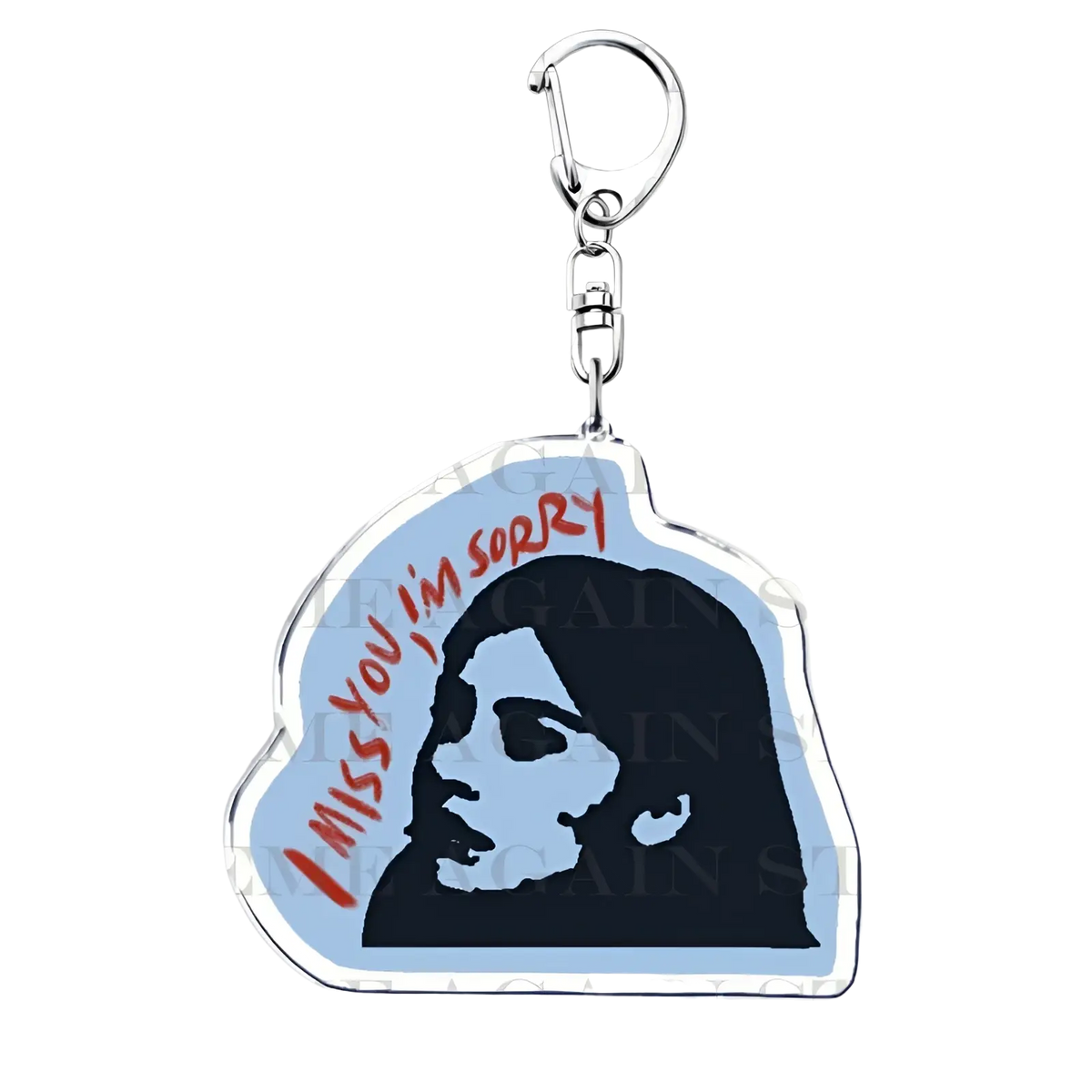 Gracie Abrams acrylic keychain translucent blue with black woman silhouette and red i miss you im sorry text, anime fan gift