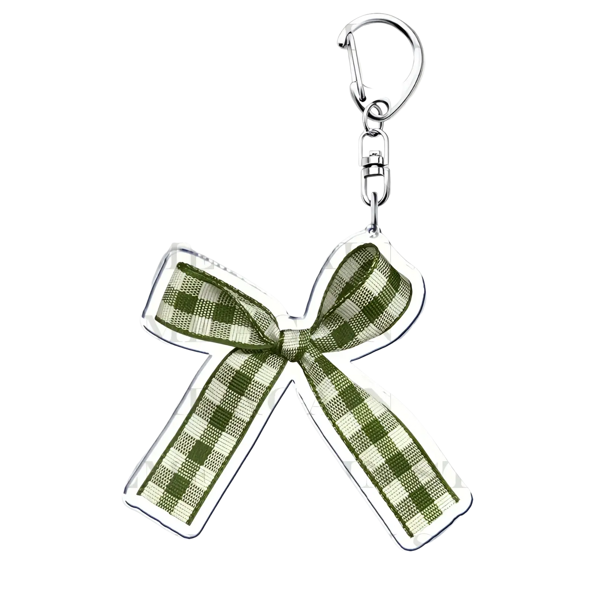 Gracie Abrams acrylic keychain featuring a translucent green and white checkered bow with silver metal clasp for anime fans