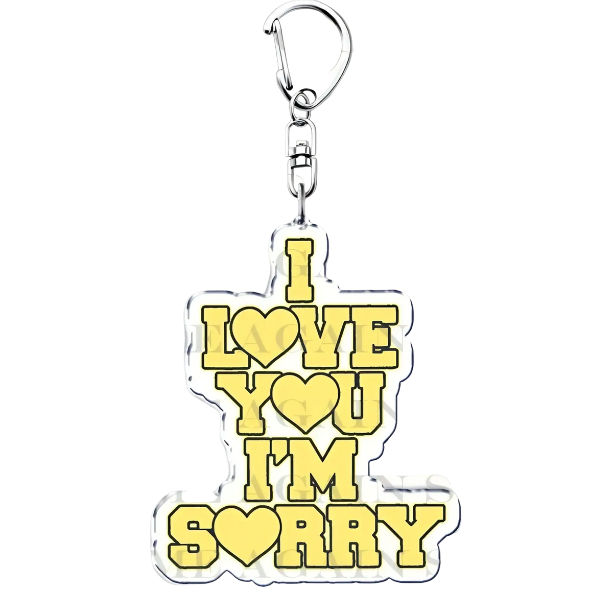 Yellow acrylic Gracie Abrams keychain with i love you im sorry text and heart symbols featuring a silver clasp