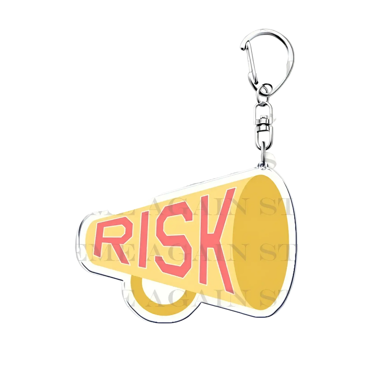 Yellow acrylic megaphone-shaped Gracie Abrams keychain with risk in red lettering and silver metal clip for anime fans