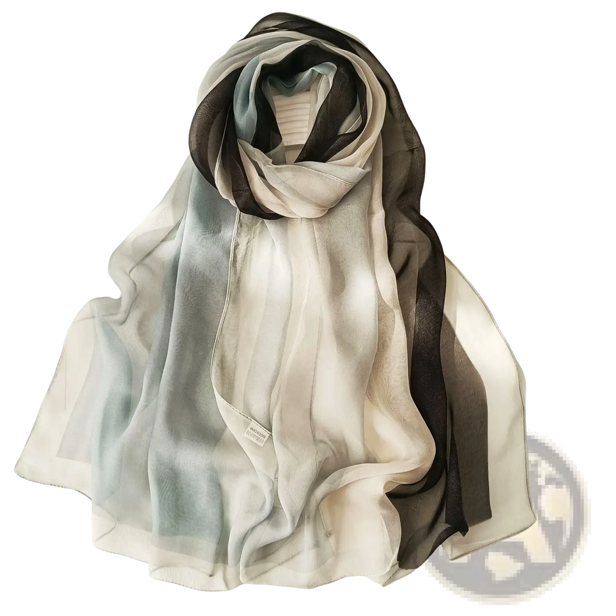 A flowing chiffon beach scarf shawl hijab with a gradient from soft gray to deep black in sheer fabric